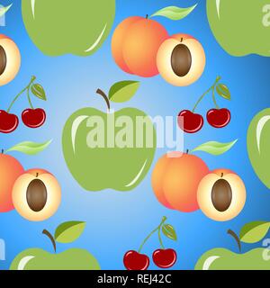 Seamless background with juicy fruits: apples, cherries, peaches, whole and half. Vector illustration, EPS10. Stock Vector