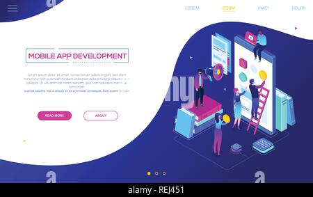 Mobile app development - modern colorful isometric vector web banner Stock Vector