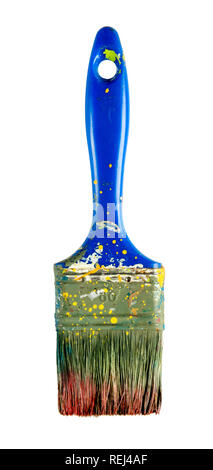 Paint splattered old bristle paintbrush with remnants of yellow and brown paint isolated on white in a DIY, renovations, interior decorating, or maint Stock Photo