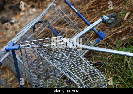 Two Tesco shopping trolleys pictured thrown and abandoned by a river in Bognor Regis, West Sussex, UK. Stock Photo