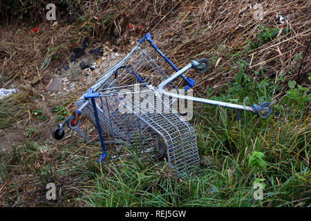 Two Tesco shopping trolleys pictured thrown and abandoned by a river in Bognor Regis, West Sussex, UK. Stock Photo