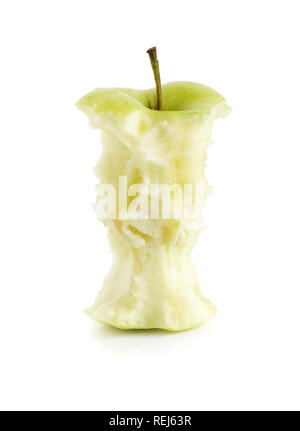 Eaten green apple, isolated on white Stock Photo