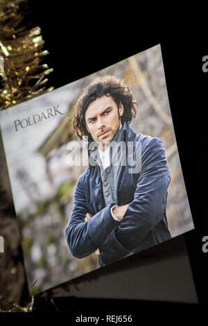 Poldark Christmas card, hanging on gold tinsel decoration, Stock Photo