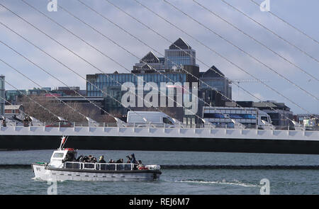 The historic No 11 Liffey Ferry which has been relaunched on Tuesday, following a 35-year absence on the River Liffery, to begin operating once more as a ferry service for members of the public crossing the river. Stock Photo