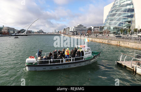 The historic No 11 Liffey Ferry which has been relaunched on Tuesday, following a 35-year absence on the River Liffery, to begin operating once more as a ferry service for members of the public crossing the river. Stock Photo