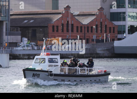 The historic No 11 Liffey Ferry which has been relaunched on Tuesday, following a 35-year absence on the River Liffery, to begin operating once more as a ferry service for members of the public crossing the river. Stock Photo