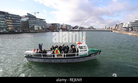 The historic No 11 Liffey Ferry which has been relaunched on Tuesday, following a 35-year absence on the River Liffery, to begin operating once more as a ferry service for members of the public crossing the river. Stock Photo