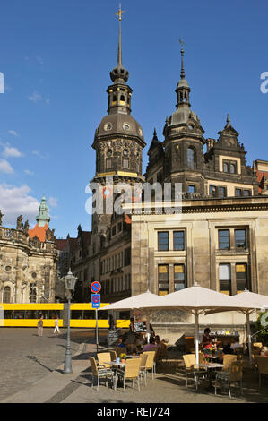 Schinkel cafe in Theaterplatz Square and Hausmannsturm in the background, Dresden, Saxony, Germany Stock Photo