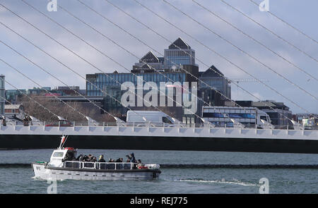 The historic No 11 Liffey Ferry which has been relaunched on Tuesday, following a 35-year absence on the River Liffey in Dublin, to begin operating once more as a ferry service for members of the public crossing the river. Stock Photo