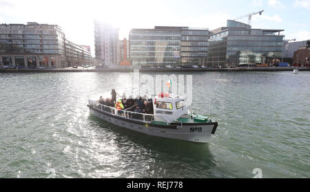 The historic No 11 Liffey Ferry which has been relaunched on Tuesday, following a 35-year absence on the River Liffey in Dublin, to begin operating once more as a ferry service for members of the public crossing the river. Stock Photo