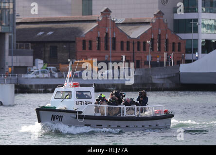 The historic No 11 Liffey Ferry which has been relaunched on Tuesday, following a 35-year absence on the River Liffey in Dublin, to begin operating once more as a ferry service for members of the public crossing the river. Stock Photo