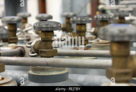 Valves of many welding cylinders Stock Photo