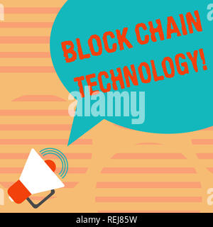 Word writing text Block Chain Technology. Business concept for Digital ledger stored in a distributed network Megaphone with Sound Volume Icon and Bla Stock Photo