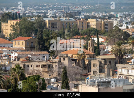 A view of damaged buildings on the buffer zone that separtates the Greek Cypriot and Turkish Cypriot communities in Nicosia, Cyprus. Stock Photo