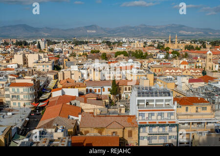 View of both sides of Nicosia (Lefkosia), the last divided capital of the world from Shacolas (or 'Siakolas') tower, Cyprus. Stock Photo