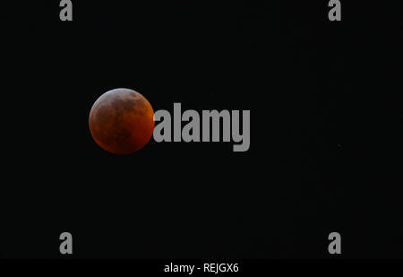 Super Blood Wolf Moon during total lunar eclipse at totality Stock Photo