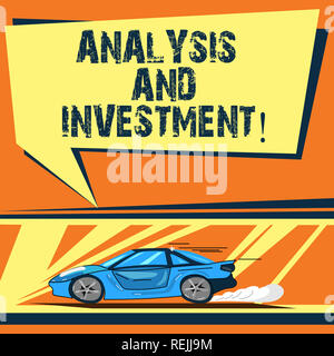Writing note showing Analysis And Investment. Business photo showcasing Engaging to a modern search engine solutions Car with Fast Movement icon and E Stock Photo