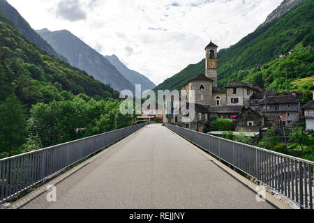 Landscape panorama of romantic village Lavertezzo, Verzasca Valley, Ticino, Switzerland. Church, river, green trees, and blue sky in June, in summer. Stock Photo