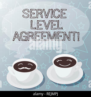 Handwriting text writing Service Level Agreement. Concept meaning Commitment between a service provider and a client Sets of Cup Saucer for His and He Stock Photo