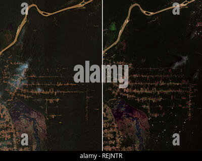 Comparison of deforestation patterns between 2015 and 2018 near Porto Velho in Brazil - contains modified Copernicus Sentinel data (2015/2018) Stock Photo
