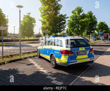 BADEN, GERMANY - MAY 11, 2018: Rear view of Polizei Police car Mercedes-Benz blue car parked in front of Karlsruhe Baden-Baden Airport (IATA: FKB, ICAO: EDSB) Stock Photo