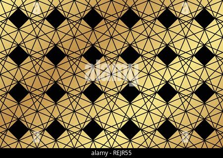 Seamless, abstract background pattern made with trapezoidal and rhombus geometric shapes in black and gold colors. Decorative vector art. Stock Vector