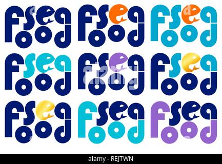 typography seafood logo with fish of different colors set Stock Vector