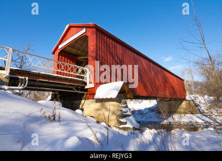 The 'Red Covered Bridge' in Princeton, Illinois on a Winter morning. Stock Photo