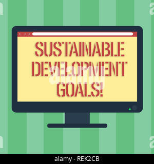 Handwriting text Sustainable Development Goals. Concept meaning Unite Nations Global vision for huanalysisity Blank Computer Desktop Monitor Color Scr Stock Photo