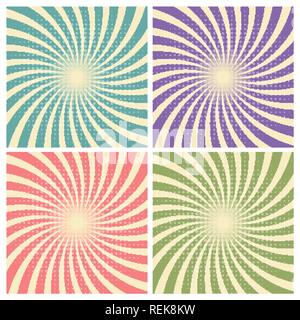 Set of circus graphic radius effects retro green, blue, purple, red color and light brown with halftone for comic background. Vector illustration Stock Vector
