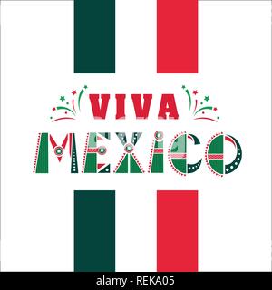 Viva Mexico, national mexican phrase holiday, typography vector illustration in flag colors, ornaments with fireworks. Stock Vector