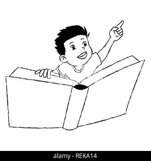 Boy on flying book. isolated on white background, hand drawn cartoon style for coloring book. Vector Illustration Stock Vector