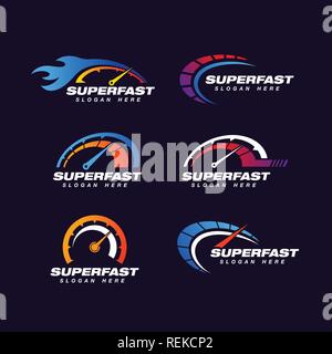speed indicator vector logo design with flame effect. speedometer symbol design template Stock Vector