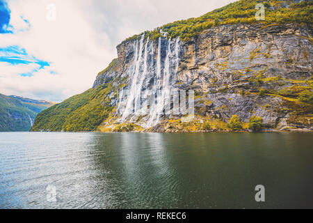 Seven Sisters Waterfall. Geiranger fjord. Stock Photo