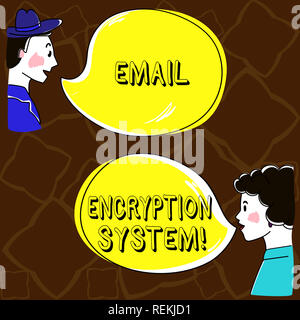 Word writing text Email Encryption System. Business concept for Authentication mechanism of an email message Hand Drawn Man and Wo analysis Talking ph Stock Photo