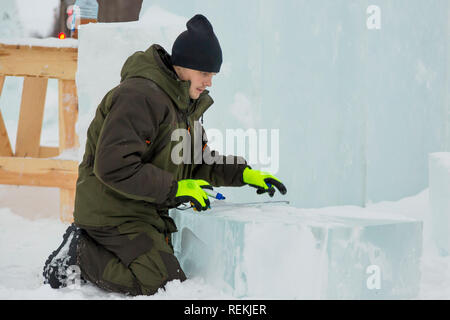 Workman assembler marks the ice block with the help of roulette Stock ...