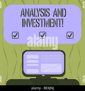 Writing note showing Analysis And Investment. Business photo showcasing Engaging to a modern search engine solutions Mounted Computer Screen with Line Stock Photo