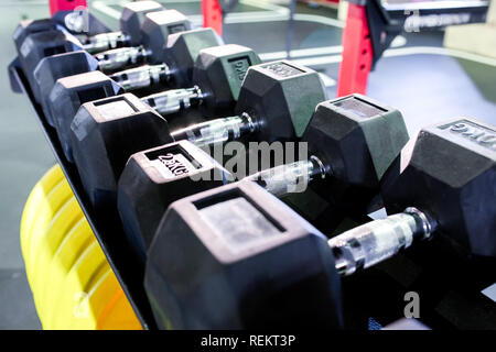 Dumbbells, pancakes and weights lying on the shelves. Gym. Equipment for gym Stock Photo