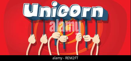 Diverse hands holding letters of the alphabet created the word Unicorn. Vector illustration. Stock Vector