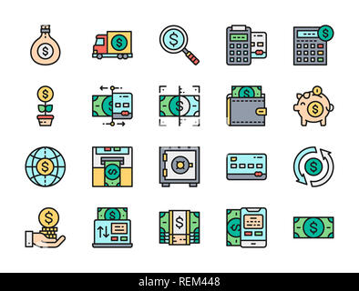 Set of money and banking flat color line icons. Credit card, dollar, online payments, currency exchange, invest, ATM, piggy bank, financial investment Stock Photo