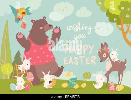 Cute bear,happy rabbits and little deer celebrating Easter Stock Vector