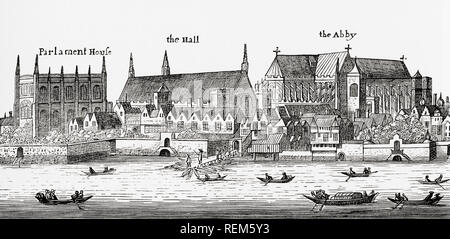 Westminster, London, England, seen here in 1647 and showing Parliament House, The Hall and The Abbey, after a print by Hollar.  From London Pictures, published 1890 Stock Photo