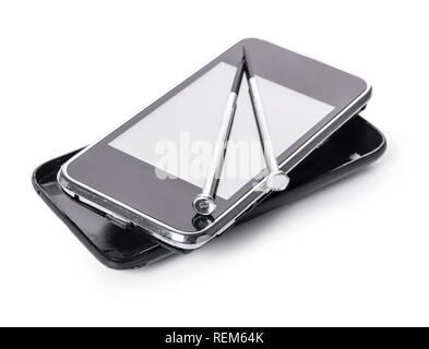 disassembled mobile phone and tools on white isolated background Stock Photo