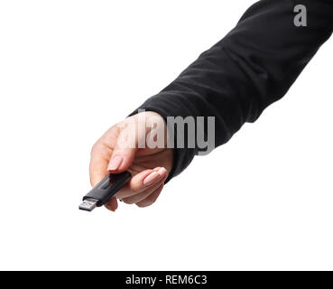 flash card in female hand on white isolated background Stock Photo