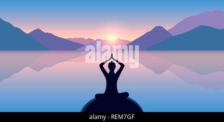 person in meditation pose on a calm sea with a beautiful mountain view at sunrise vector illustration EPS10 Stock Vector