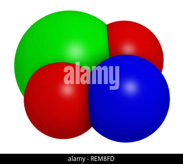 Sodium chlorite, chemical structure.  3D rendering. Atoms are represented as spheres with conventional color coding: chlorine (green), oxygen (red), s Stock Photo