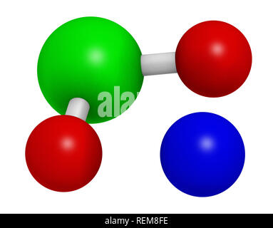 Sodium chlorite, chemical structure.  3D rendering. Atoms are represented as spheres with conventional color coding: chlorine (green), oxygen (red), s Stock Photo