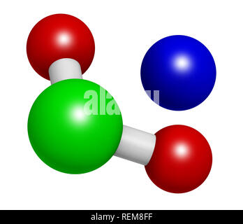 Sodium chlorite, chemical structure.  3D rendering. Atoms are represented as spheres with conventional color coding: chlorine (green), oxygen (red), s Stock Photo