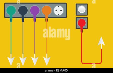 Plug, socket with colored cables and arrow Stock Vector
