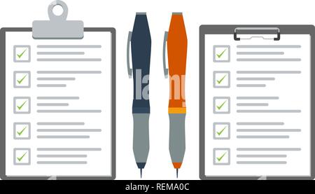 Clipboard with checklist and pen. Flat color vector graphic Stock Vector